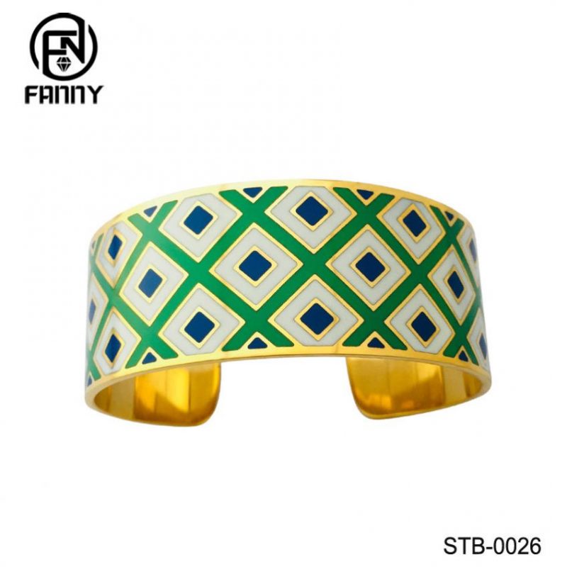 PVD Golden Quality Surgical Stainless Steel C-Shaped Bangle with Filled Enamel