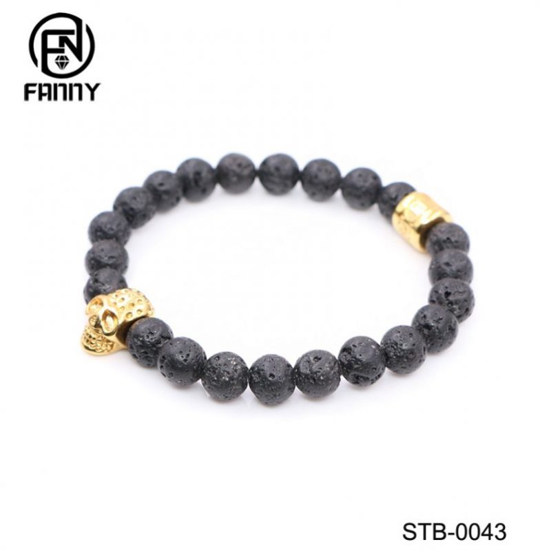Gothic Men’s Bead Bracelet with Black Volcanic Volcanic Stone and Surgical Stainless Steel Skull