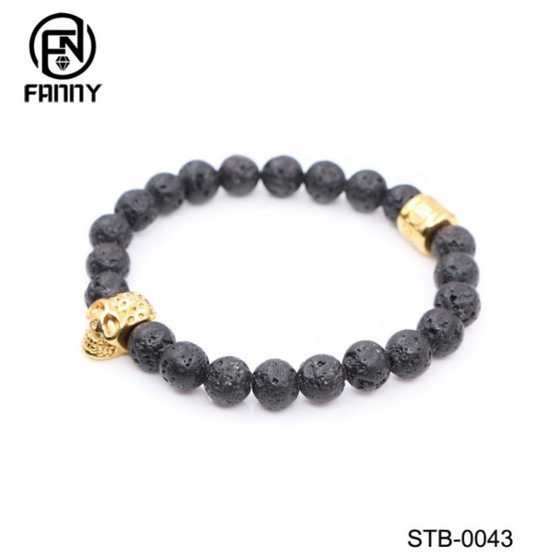 Pulsera gótica de cuentas para hombre con piedra volcánica volcánica negra y cráneo quirúrgico de acero inoxidable