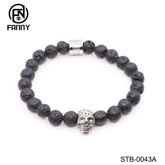 Gothic Men's Bead Bracelet with Black Volcanic Volcanic Stone and Surgical Stainless Steel Skull Chinese Factory