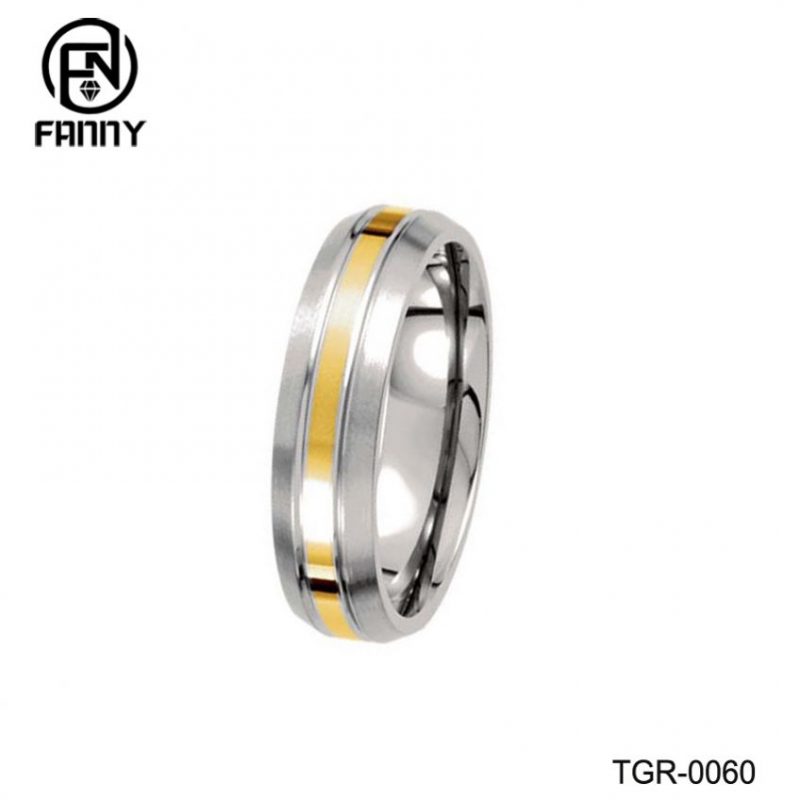 Men’s Domed Titanium 14k Yellow Glod Inlay Brushed Wedding Band Manufacturers