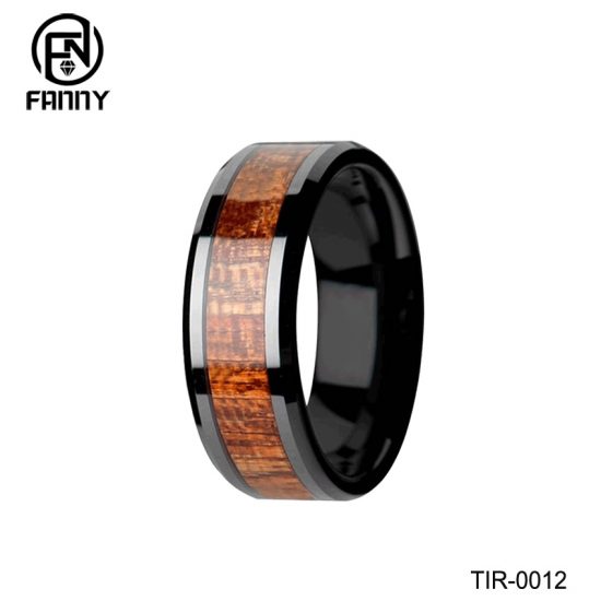 Black Titanium Polished Beveled Edges KOA Wood Inlaid Men’s Wedding Ring China Factory