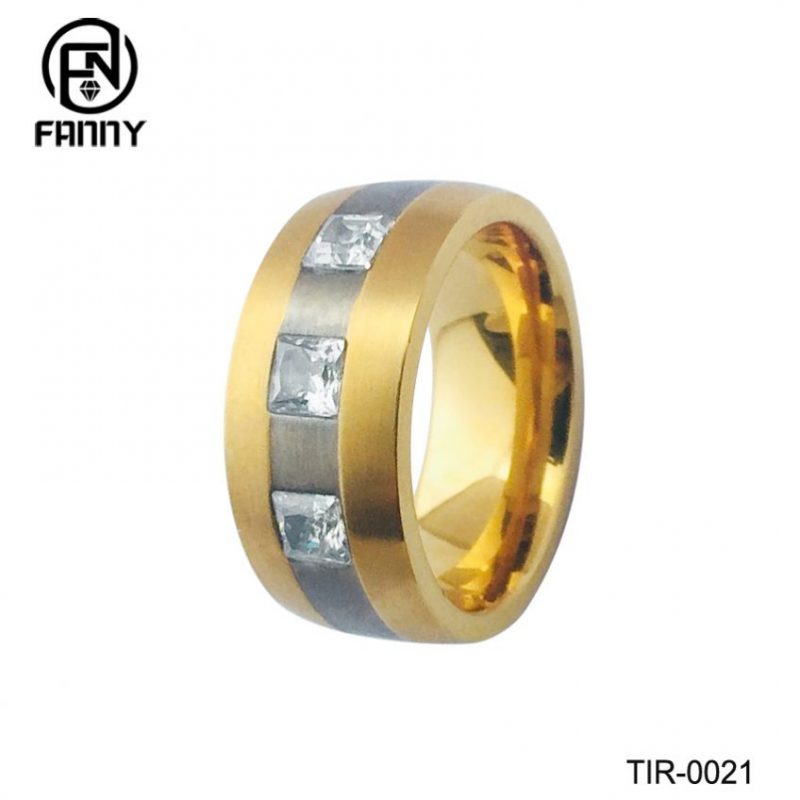 Oro amarillo y rayas plateadas de titanio anillo de boda fábrica de joyas