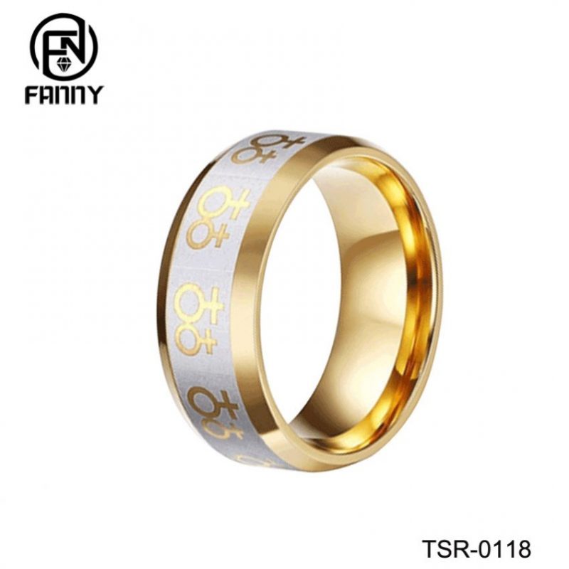 Dome Golden Laser Pattern Tungsten Carbide Ring Ladies Gift