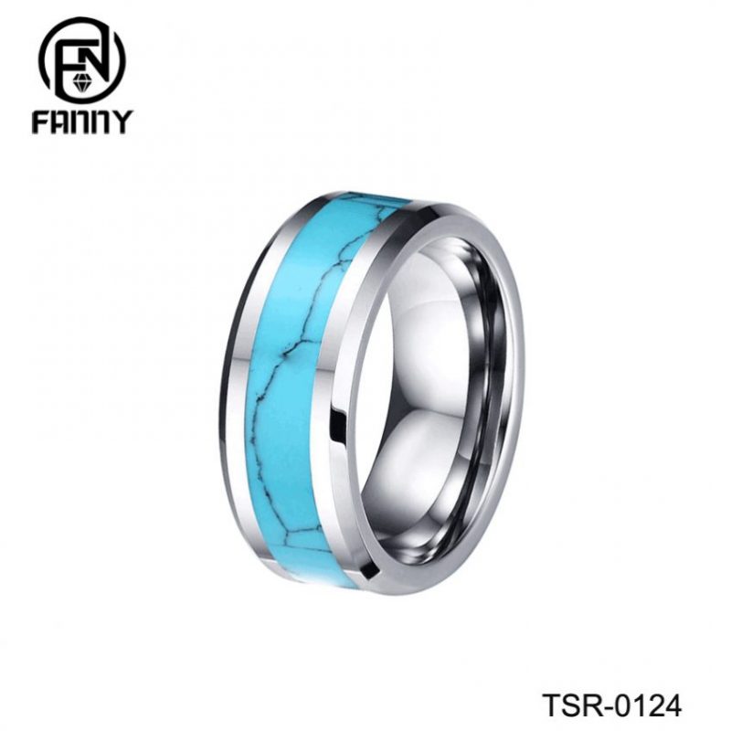 Men’s Classic Flat Chamfered Tungsten Carbide Ring Set with Turquoise