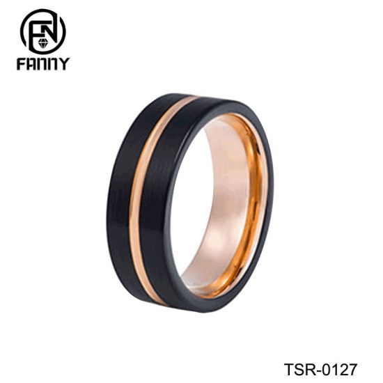 Flat Brushed Black and Rose Gold Two-Tone Tungsten Carbide Wedding Ring China Factory