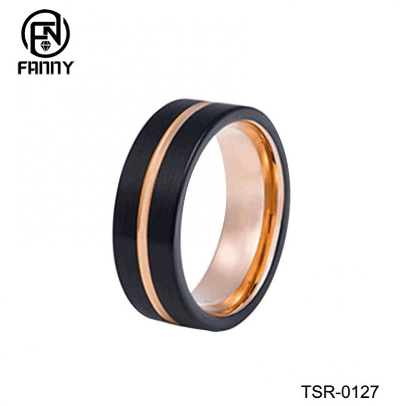 Anillo de bodas de carburo de tungsteno de dos tonos de negro cepillado y oro rosa