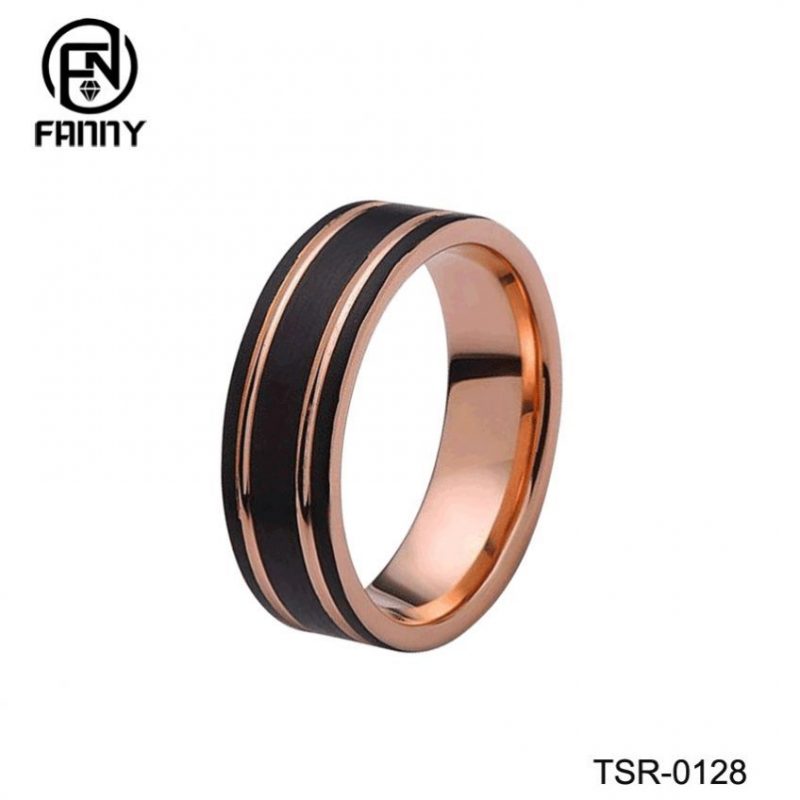 Anillo de bodas clásico plano de doble ranura cepillado de carburo de tungsteno