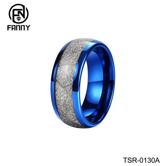 Simple Dome Plating Blue Tungsten Carbide Wedding Ring Inlaid with Artificial Meteorite China Factory