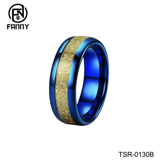 Simple Dome Plating Blue Tungsten Carbide Wedding Ring Inlaid with Artificial Meteorite China Manufacturer