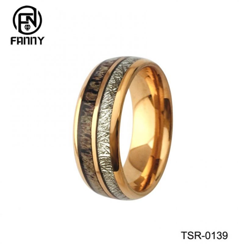 Anillo de bodas de carburo de tungsteno dorado abovedado con astas y meteorito de imitación