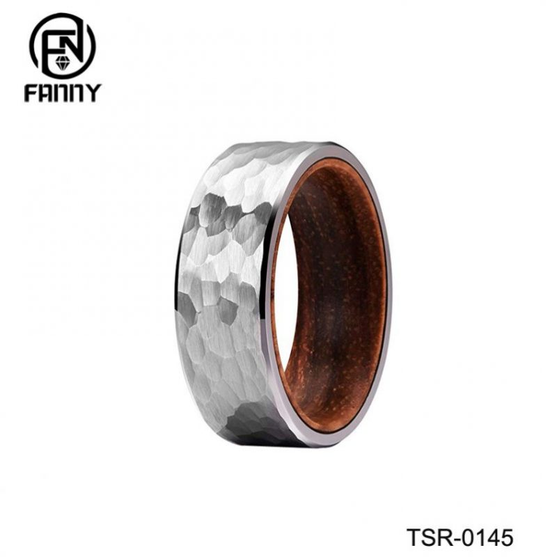 Personalized Hammered Tungsten Carbide Wedding Ring with Inner Solid Wood