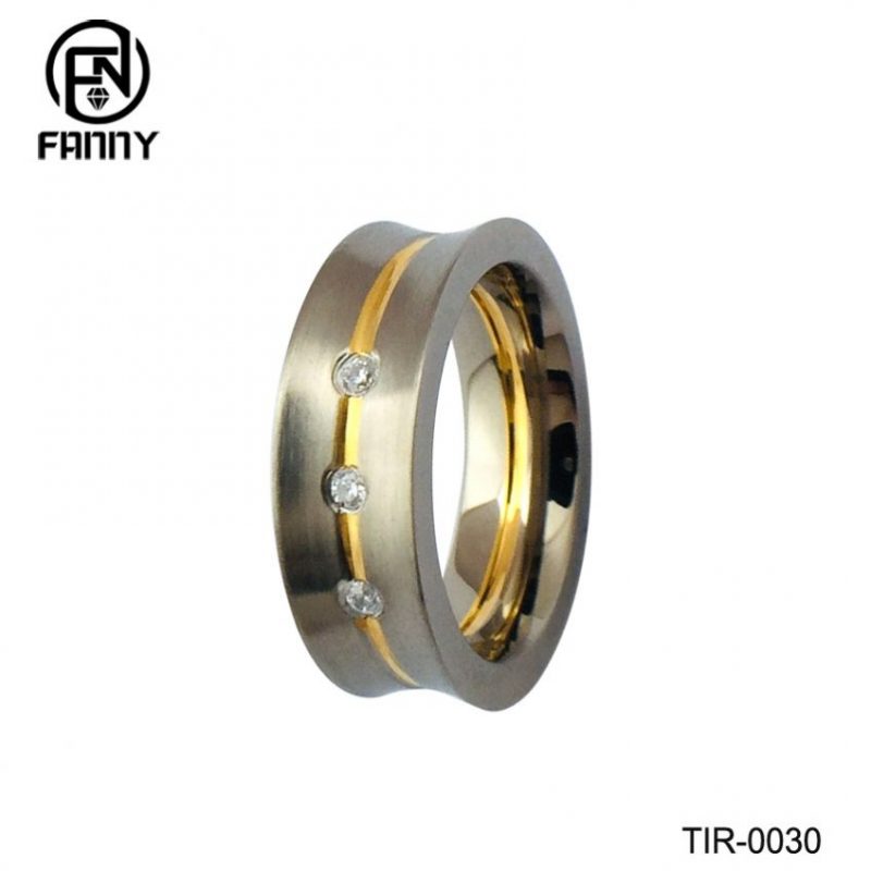 Silver and Gold Tone Titanium Wedding Ring with CZ Stone Inlay