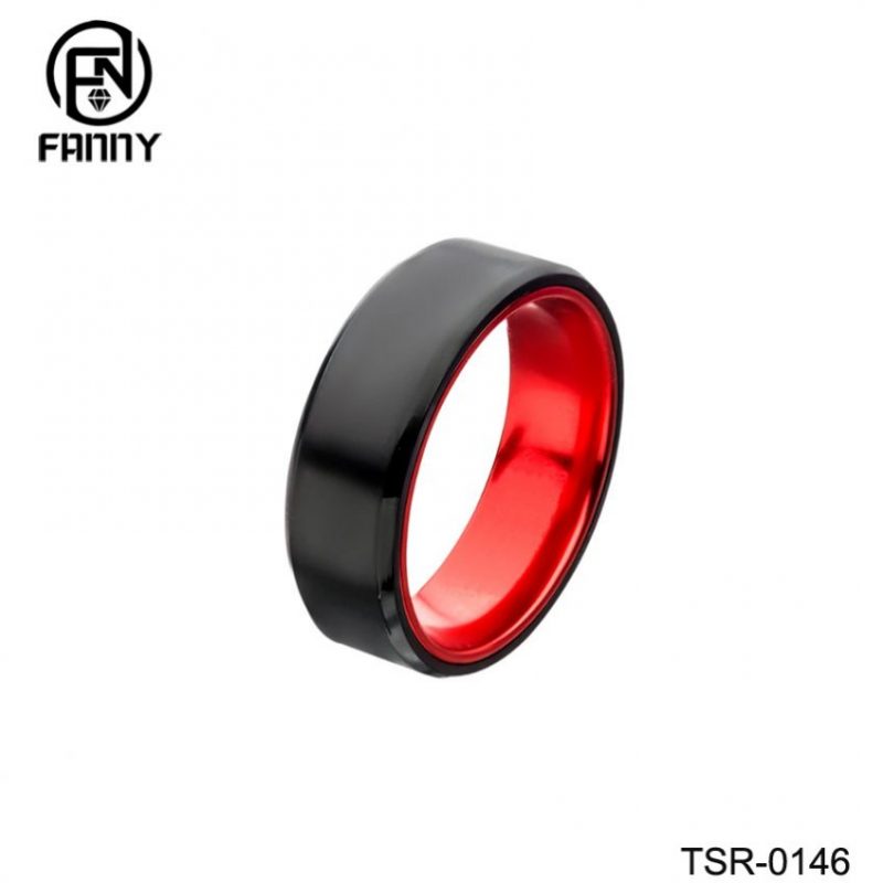 Anillo de bodas de carburo de tungsteno achaflanado negro con anillo interior de aluminio anodizado