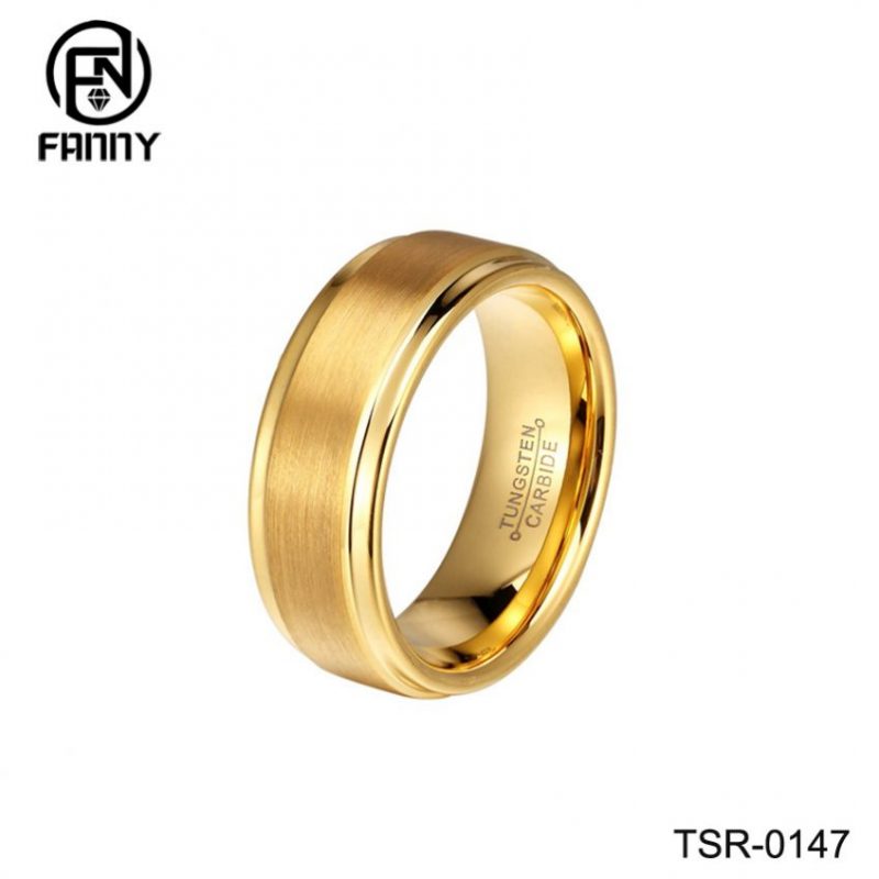 Trapezoidal Brushed Tungsten Carbide Plating Gold Wedding Ring OEM Supplier