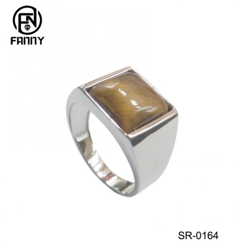 Men’s 925 Sterling Silver Wedding Ring, Yellow Tiger Eye