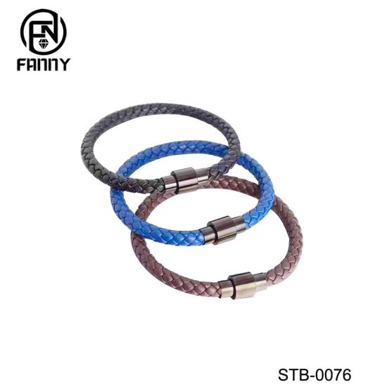 Men's Stainless Steel Magnetic Braided Leather Cord Bracelet China Factory