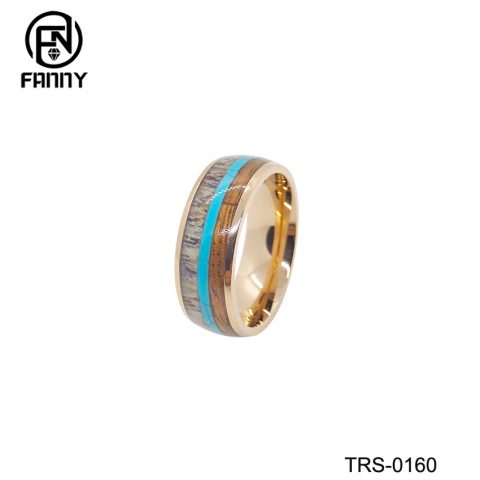 Tungsten Carbide Ring with Antlers, Woodgrain Paper and Turquoise