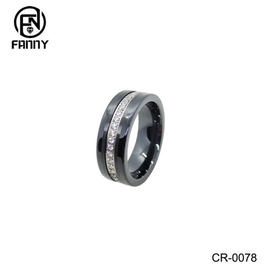 316L Stainless Steel Polished Black Ceramic CZ Ring