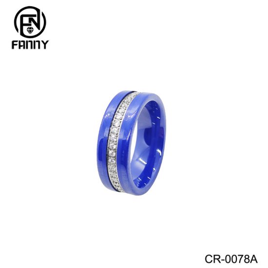 Product Details of 316L Stainless Steel Polished Blue Ceramic CZ Ring